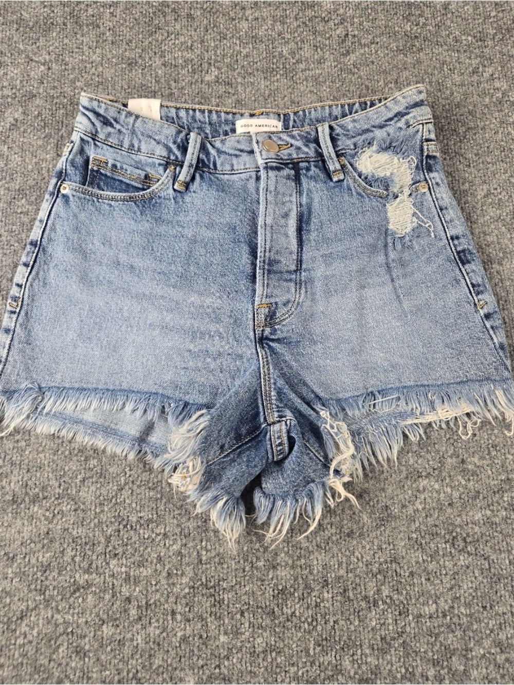 Good American Light Wash High-Rise Distressed Denim Shorts Size 4